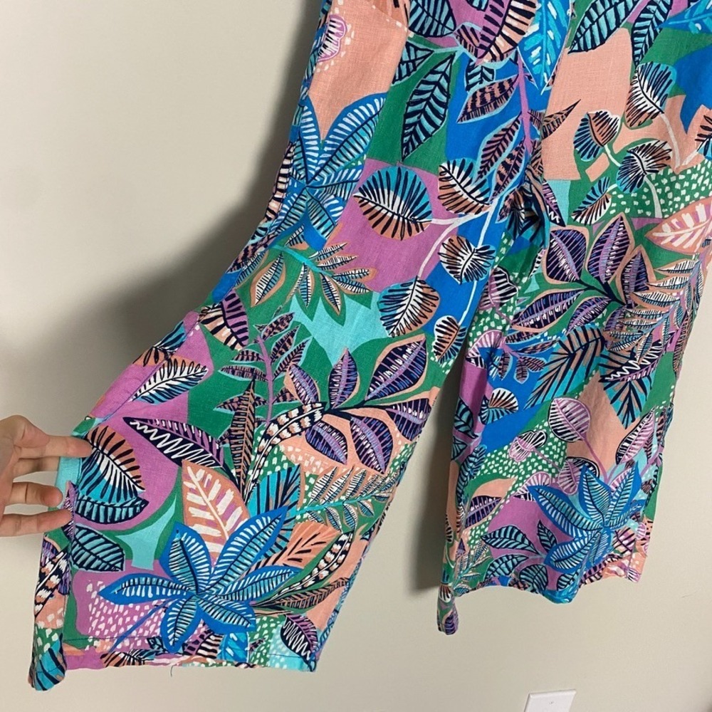 Cynthia Rowley Linen Pants Womens Large Tropical Wide Leg Cropped Elastic‎ Boho - Picture 2 of 6